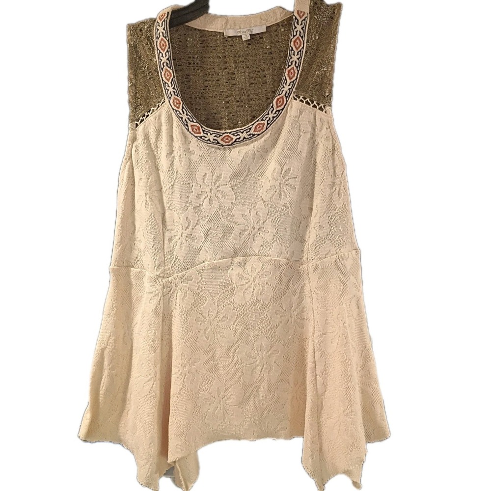 Y2K Miss Me Beige Handkerchief‎ Cut W/ Floral Lace Tank Top Size Small EUC